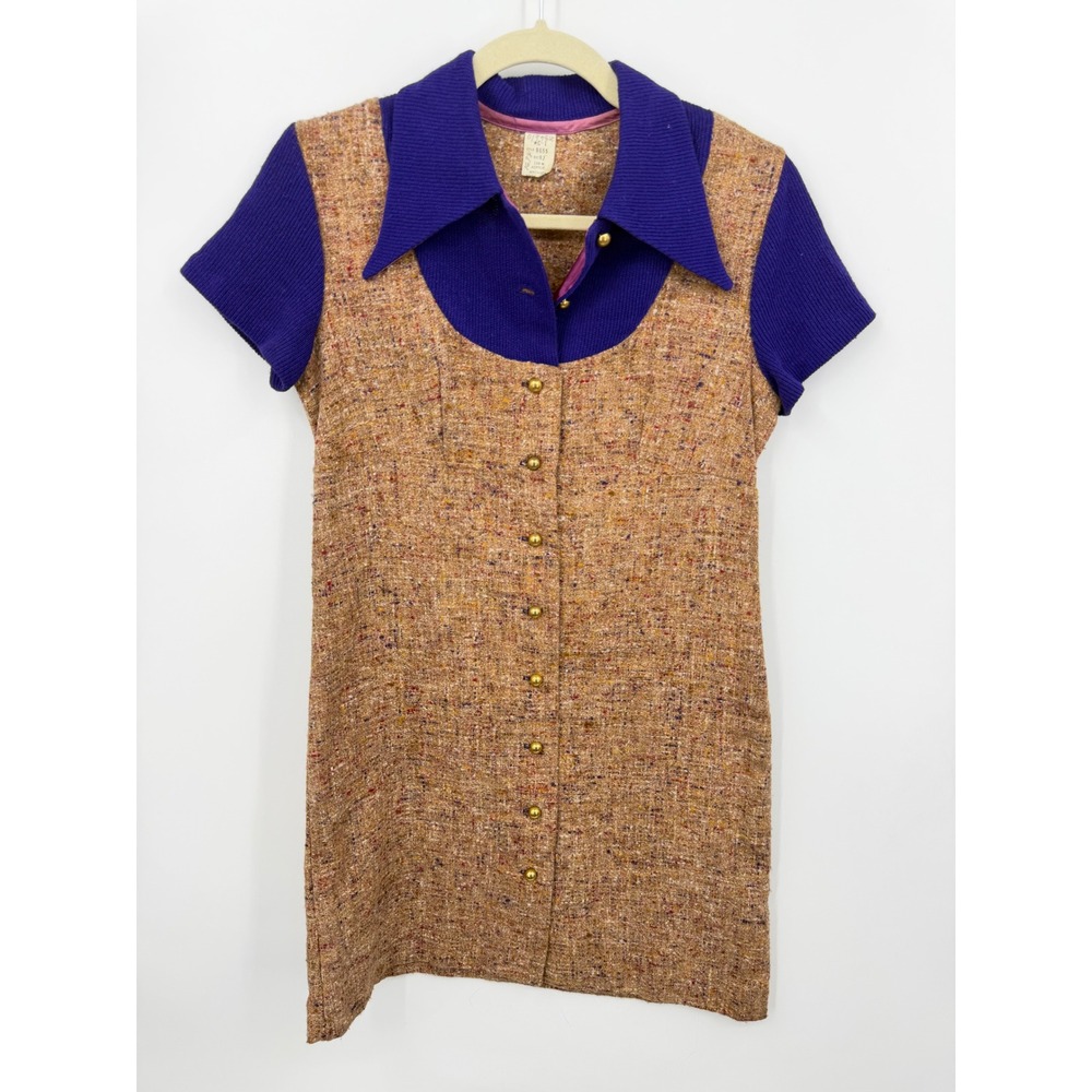 Vintage ILGWU Tweed Button Front Dress Women Sz 9 Brown Purple Mod Mini 9655